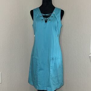 Calvin Klein Mini Dress Women 8 Blue Cotton Lace Up V-Neck Pockets Sleeveless